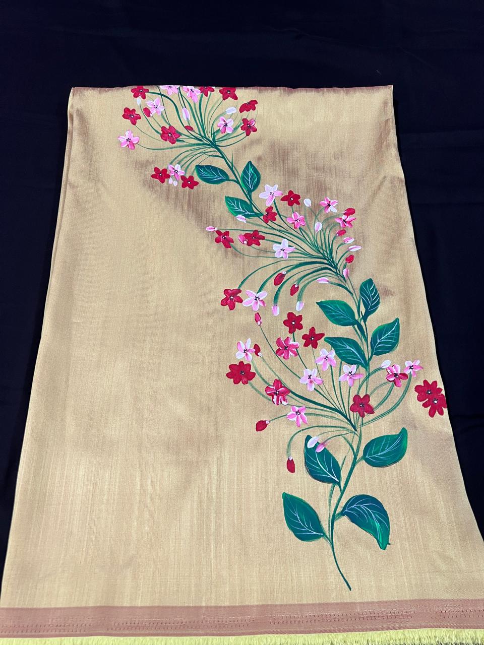 Golden Dress Material with Pink Flowers